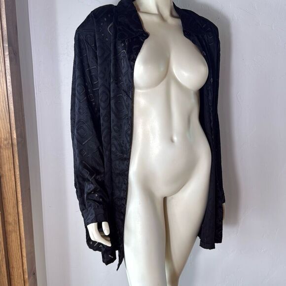 Vintage 80’s 90’s Geometric Sheer Black Oversized Button Down Shirt Size 1X - Picture 2 of 16